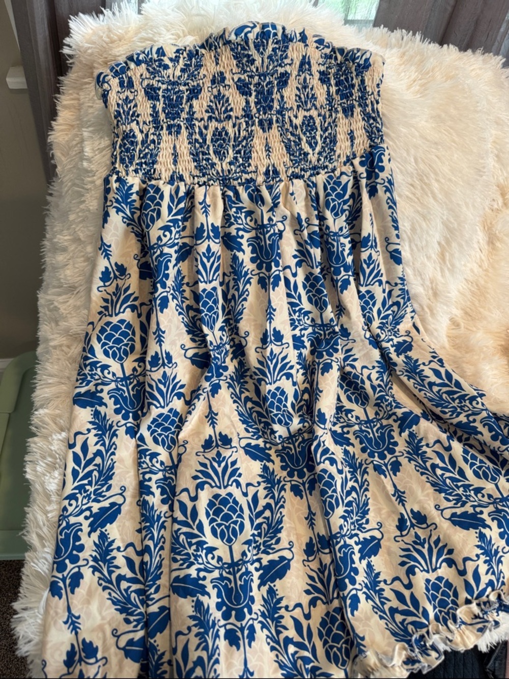 SHEIN Blue and Cream Strapless Smocked Maxi Dress - Floral Damask